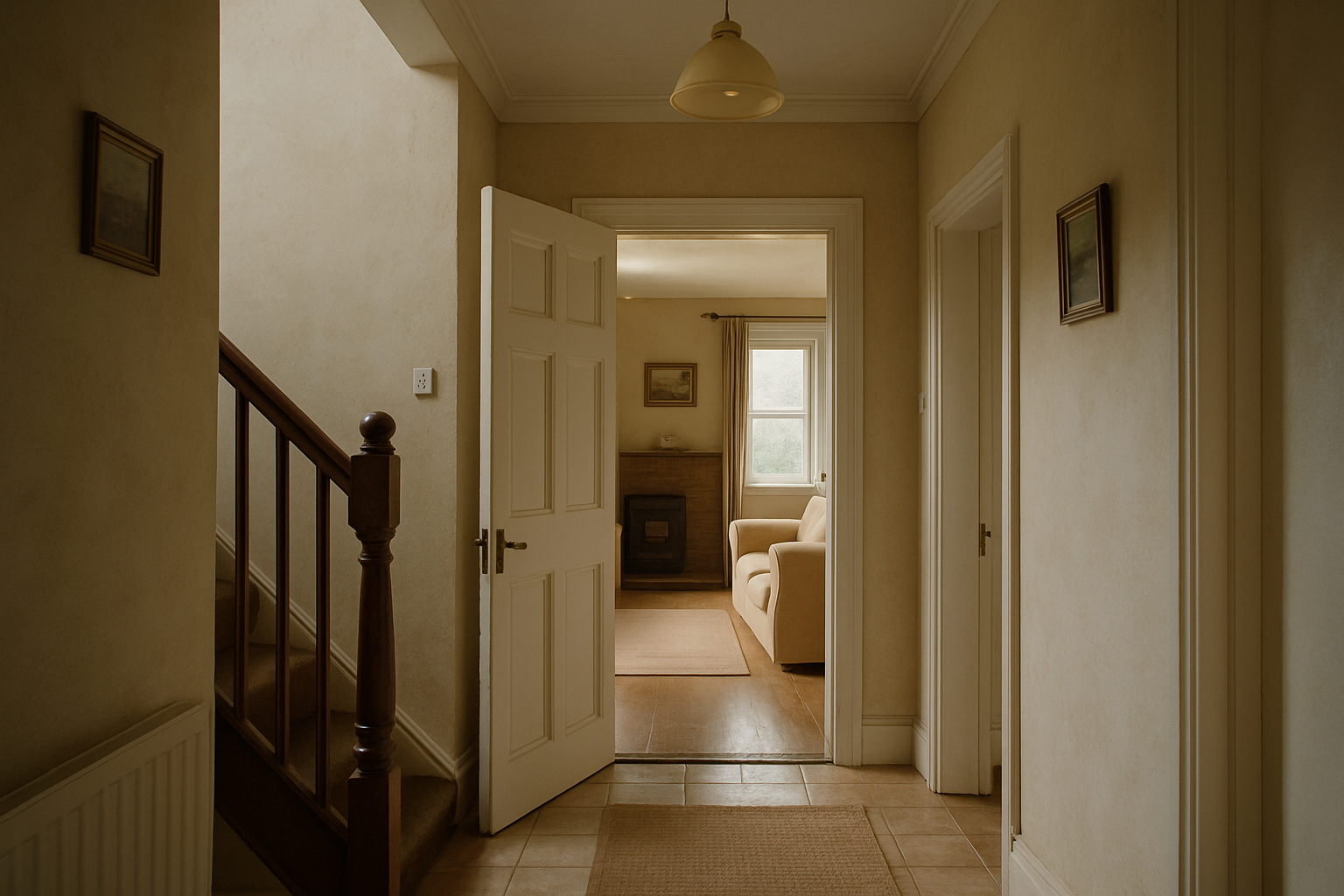 A hallway door left ajar showing light between rooms in an Irish home