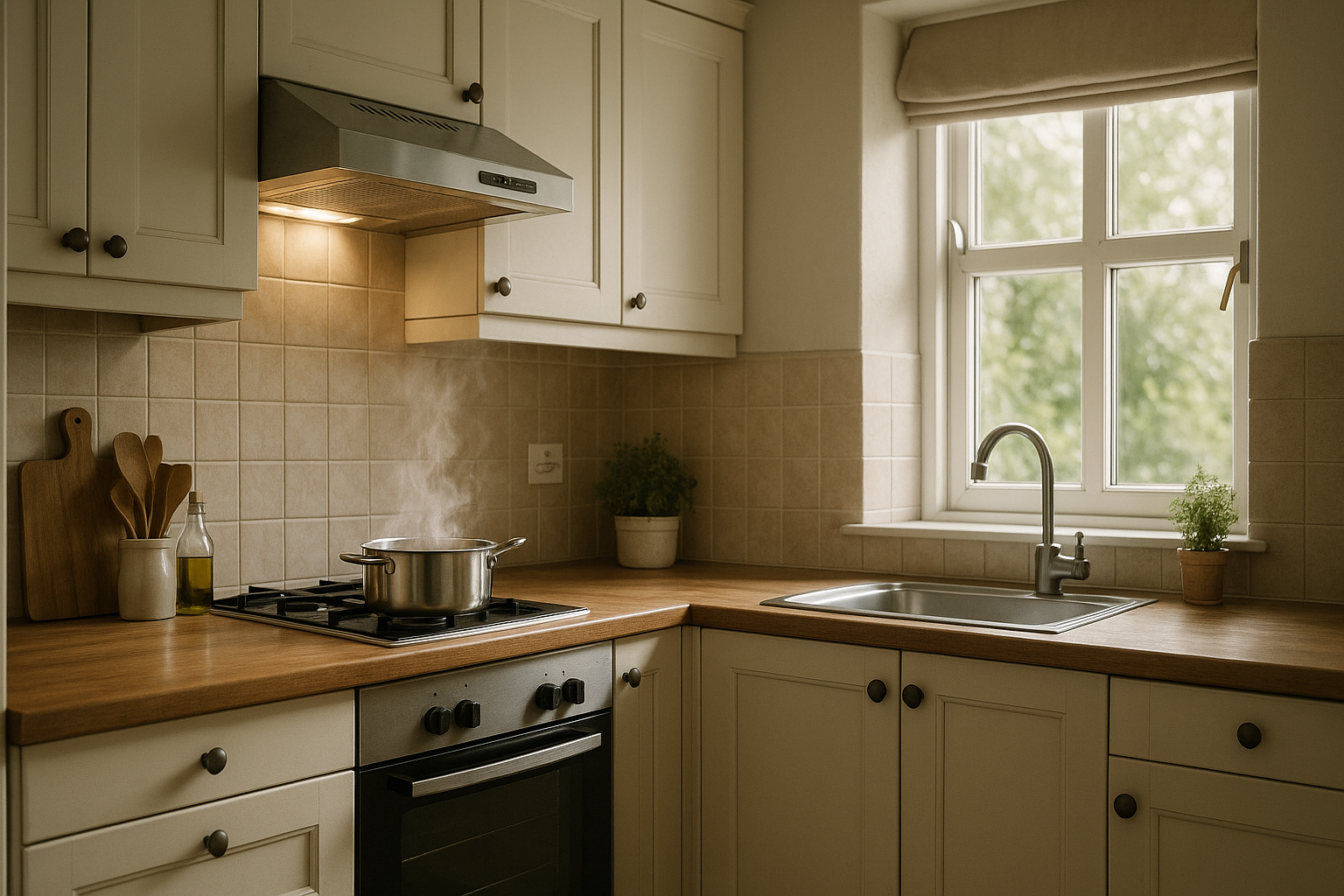 Steam rising from a pot in a bright Irish kitchen with a window slightly open