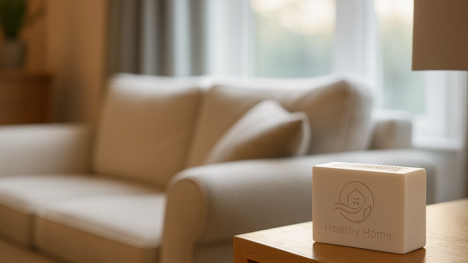 Calm Irish living room with soft daylight and a discreet Healthy Home Intelligence sensor on a sideboard. No people, no text overlay.