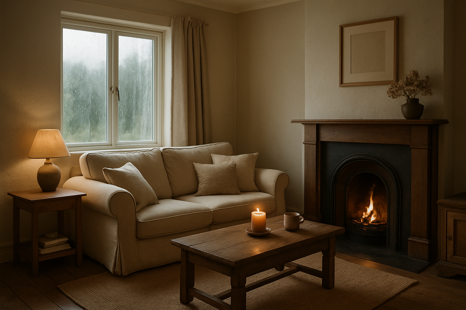 Cosy Irish living room in winter with rain on the window