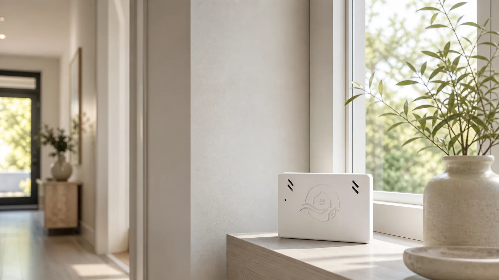 Calm hallway near a window with a Healthy Home Intelligence sensor on a ledge. Quiet early-warning home interior, no mould imagery, no people.