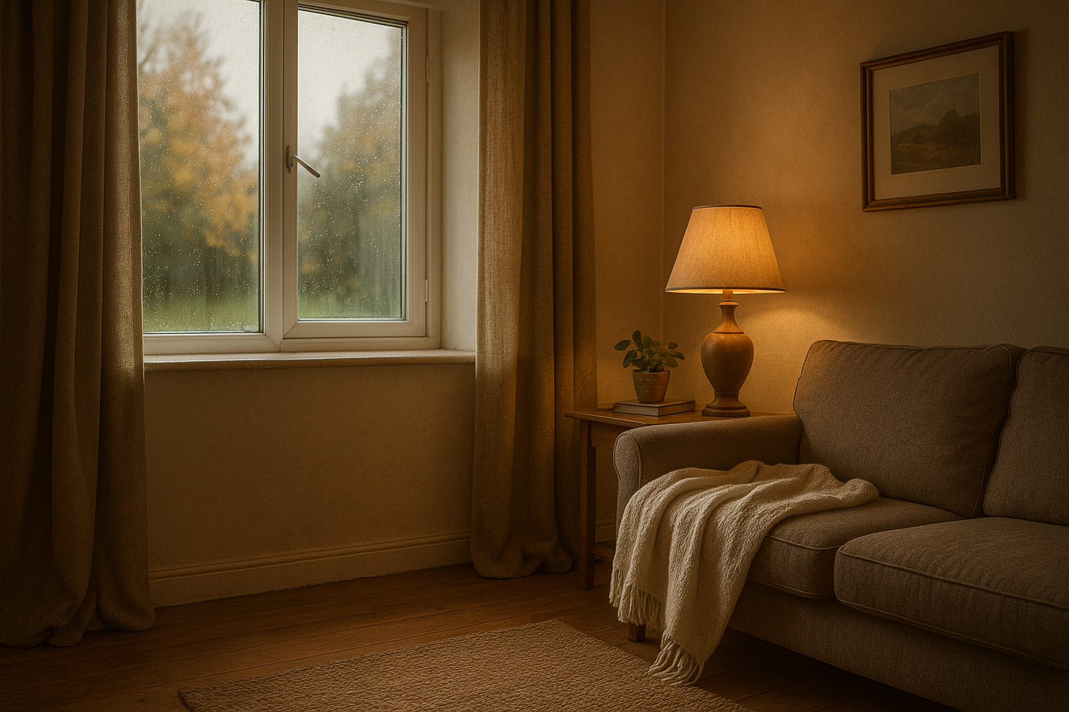 A cosy Irish living room on an autumn evening with a window slightly open for fresh air