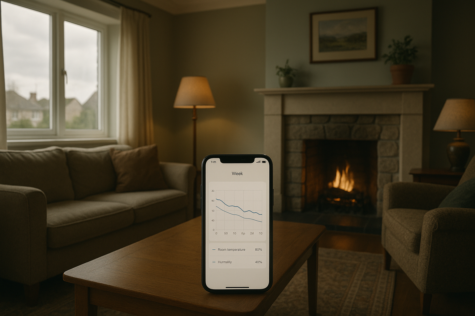 A calm Irish home interior with a simple weekly chart of room readings on a phone