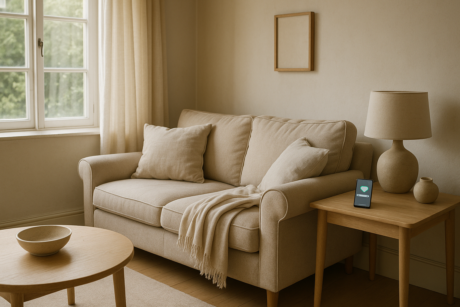 A quiet Irish living room with soft daylight and a simple phone notification on a table