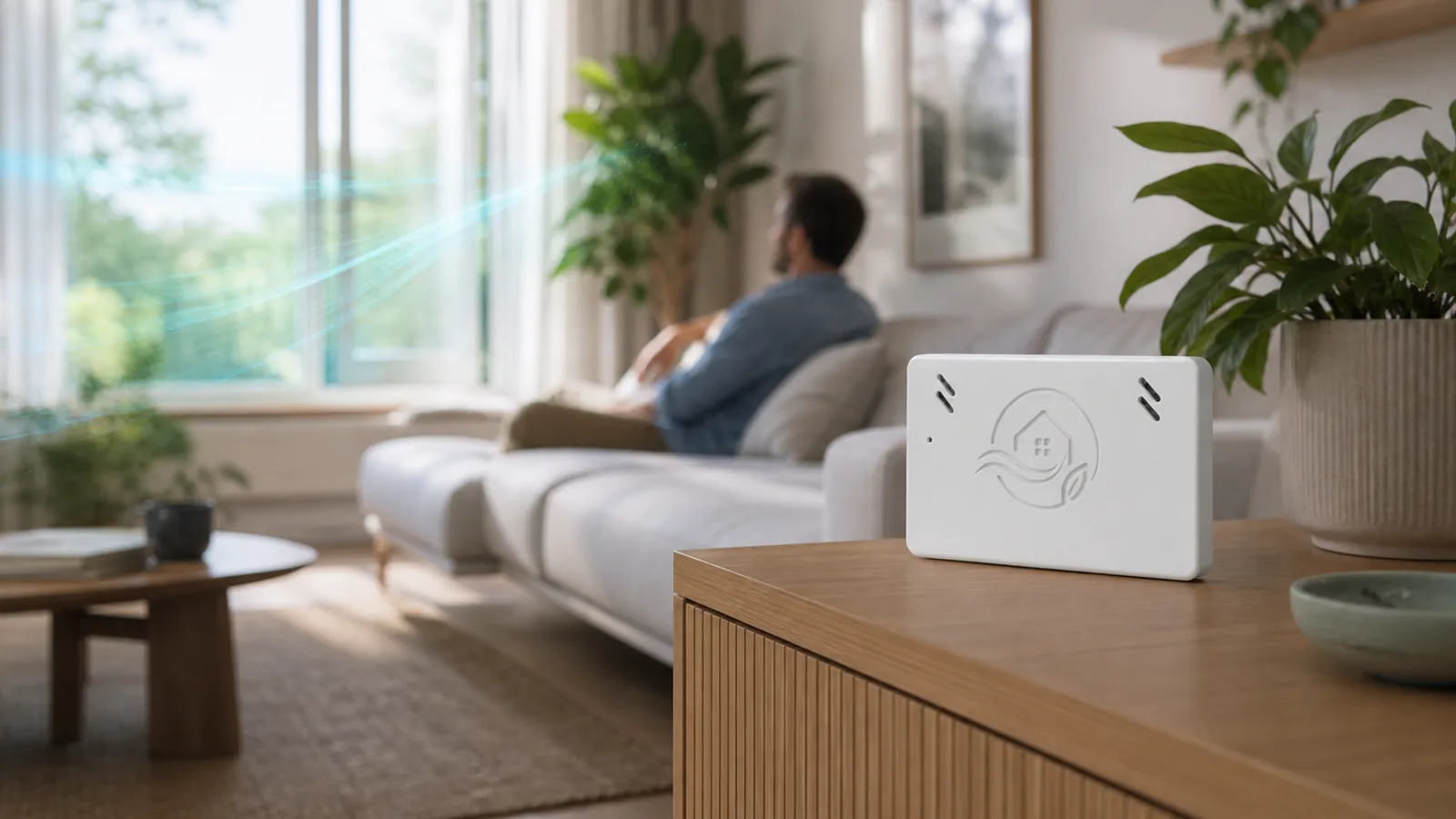 Occupied living room in soft daylight with a Healthy Home Intelligence sensor on a sideboard. A slightly open window and a gentle airflow cue, no people facing the camera.