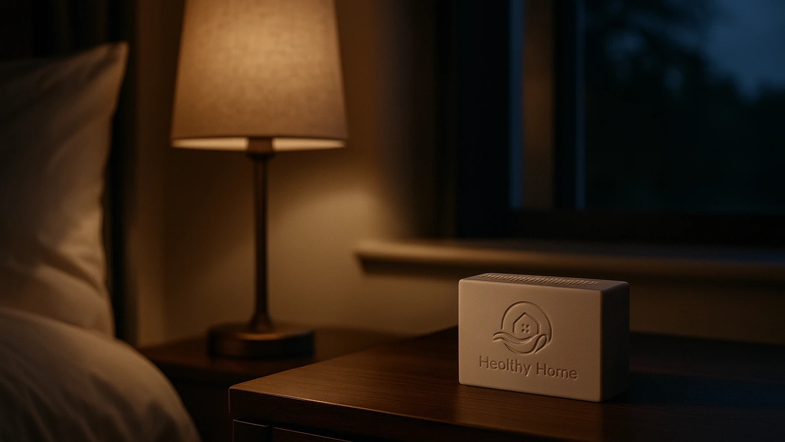 Calm Irish bedroom at soft evening light with a discreet Healthy Home Intelligence sensor on a bedside table. No people, no text overlay.
