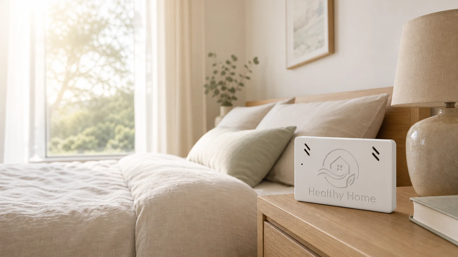 Calm bedroom at dawn with a Healthy Home Intelligence sensor on a bedside table. Soft natural light, no people.