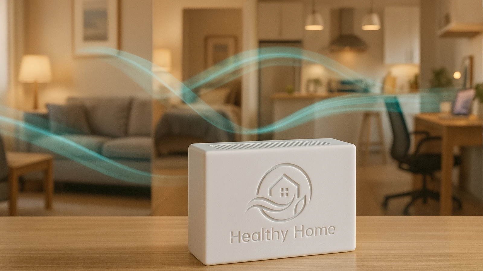 Calm living room with a Healthy Home Intelligence sensor on a sideboard and a doorway suggesting another room beyond. Soft daylight, no people.