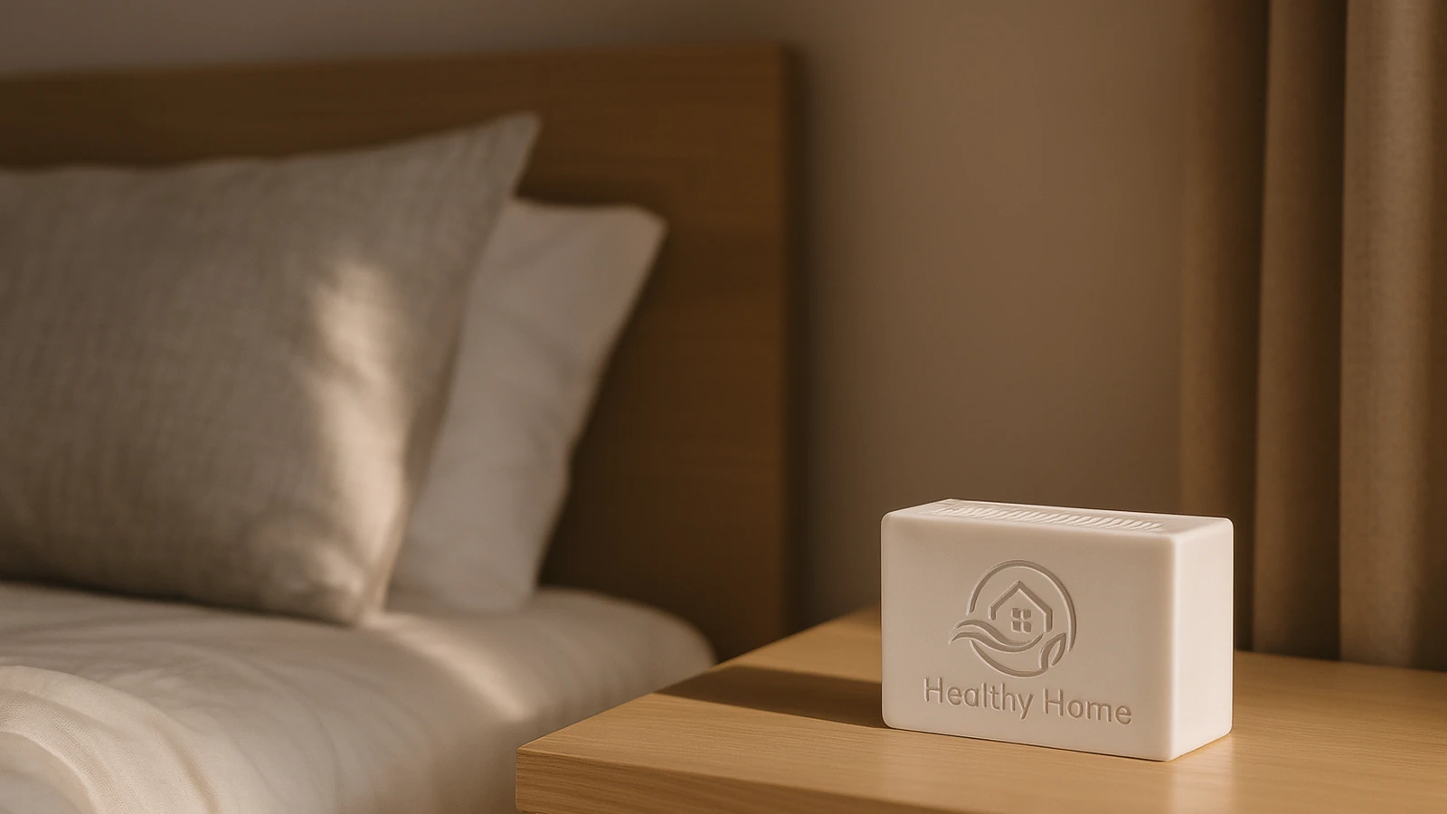 Calm Irish bedroom corner with soft morning light and a discreet Healthy Home Intelligence sensor on a bedside table. No people, no text overlay.