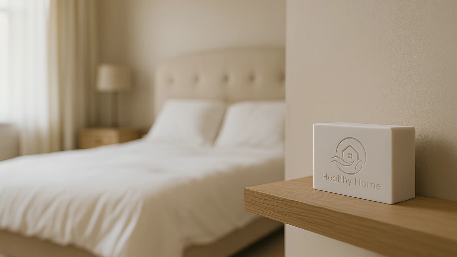 Calm Irish spare bedroom with soft daylight, neat bedding, and a discreet Healthy Home Intelligence sensor on a chest of drawers. No people, no text overlay.